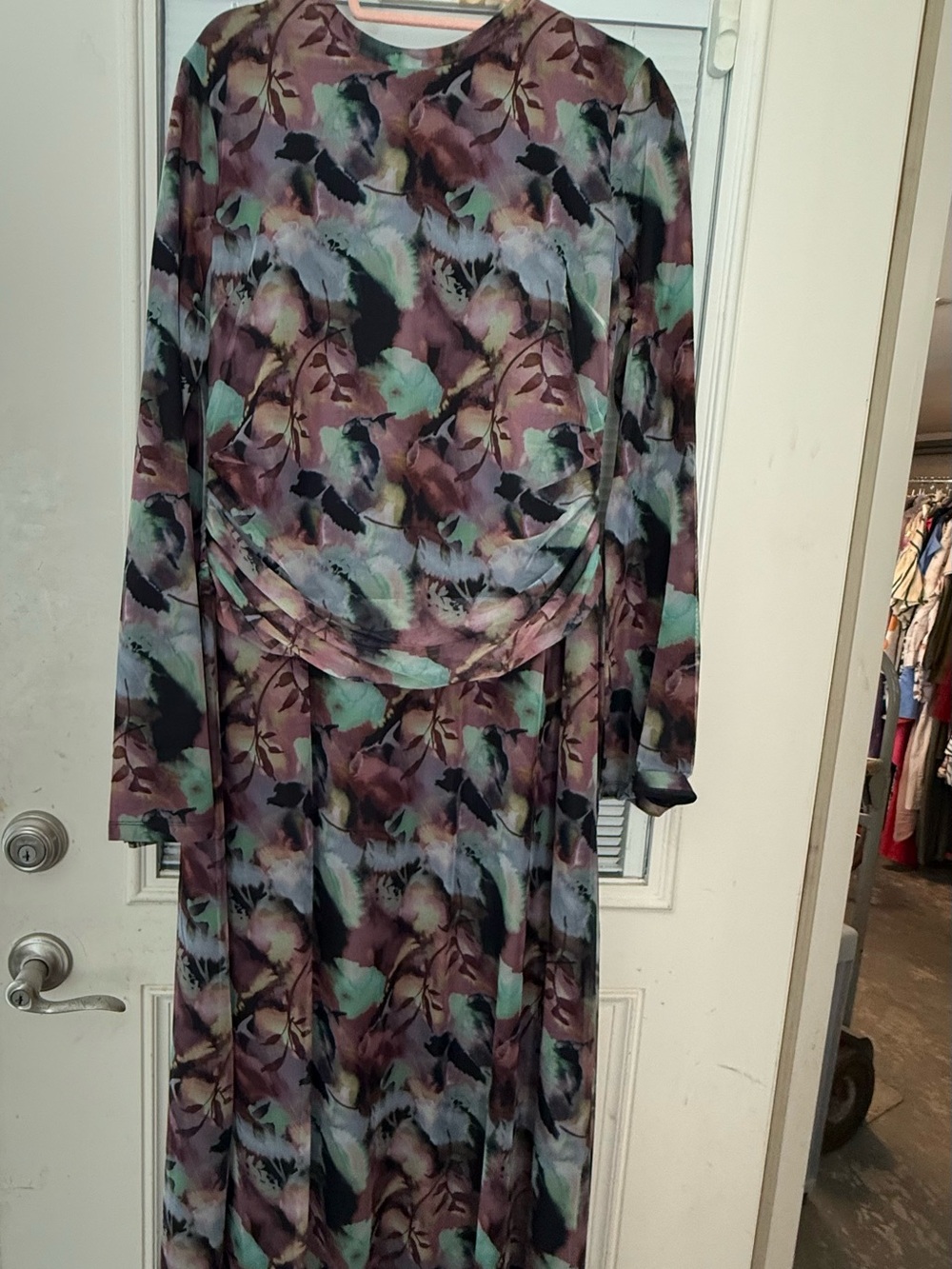 Long Sleeve Floral Print Maxi Dress in Plum and Teal